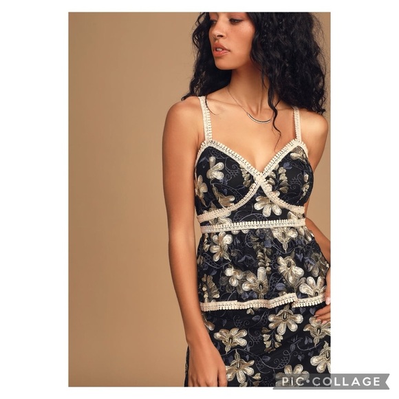 Lulus Karina Black & Blue Floral Embroidered Peplum Dress Size Small - Picture 3 of 14